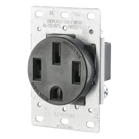 Leviton Straight Blade Receptacle, 14-50R, 50 A, 125/250V AC, 3 Pole, 4 Wire, Flush Mount, Grounded R10-00279-S00